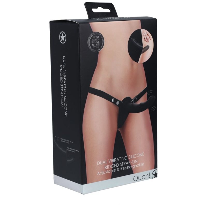 OUCH! Dual Vibrating Silicone Ridged Strap-On - Black